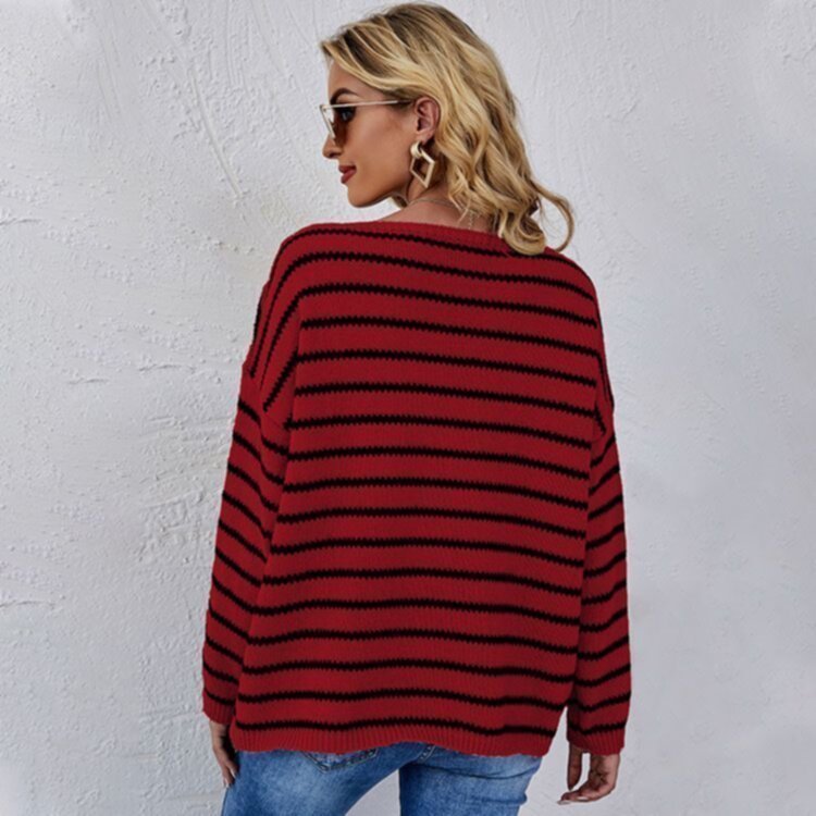 Autumn Stripe Round Neck Soft Pullover Women Knitwear